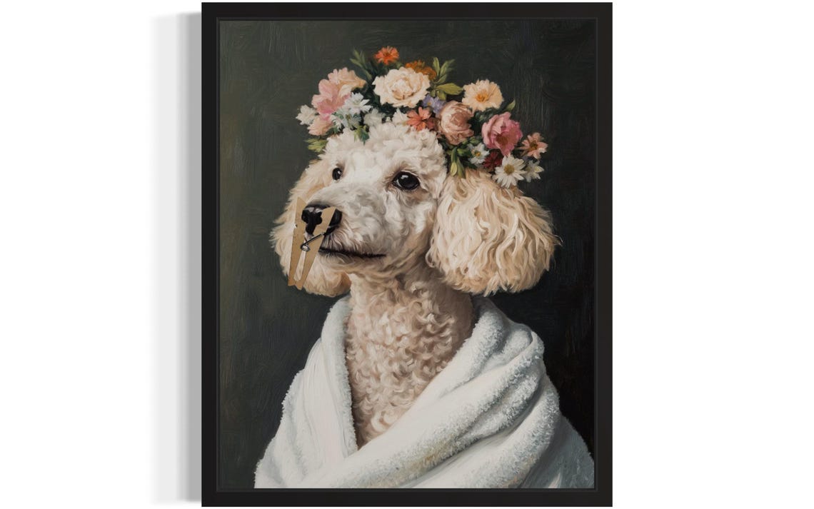 White Poodle Flower Crown Clothespin Funny Restroom Art Poster