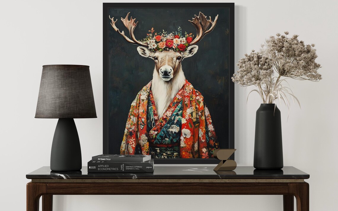 Caribou Wearing Flower Crown and Floral Kimono Fine Art Decor Poster - Image 2
