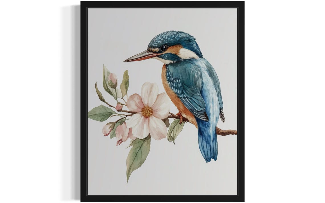 Kingfisher Beside a Blooming Branch Watercolor Bird Art Poster