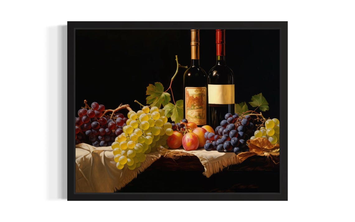 Wine Bottles and Grape Harvest Classic Dark Still Life Poster