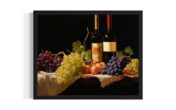 Wine Bottles and Grape Harvest Classic Dark Still Life Poster