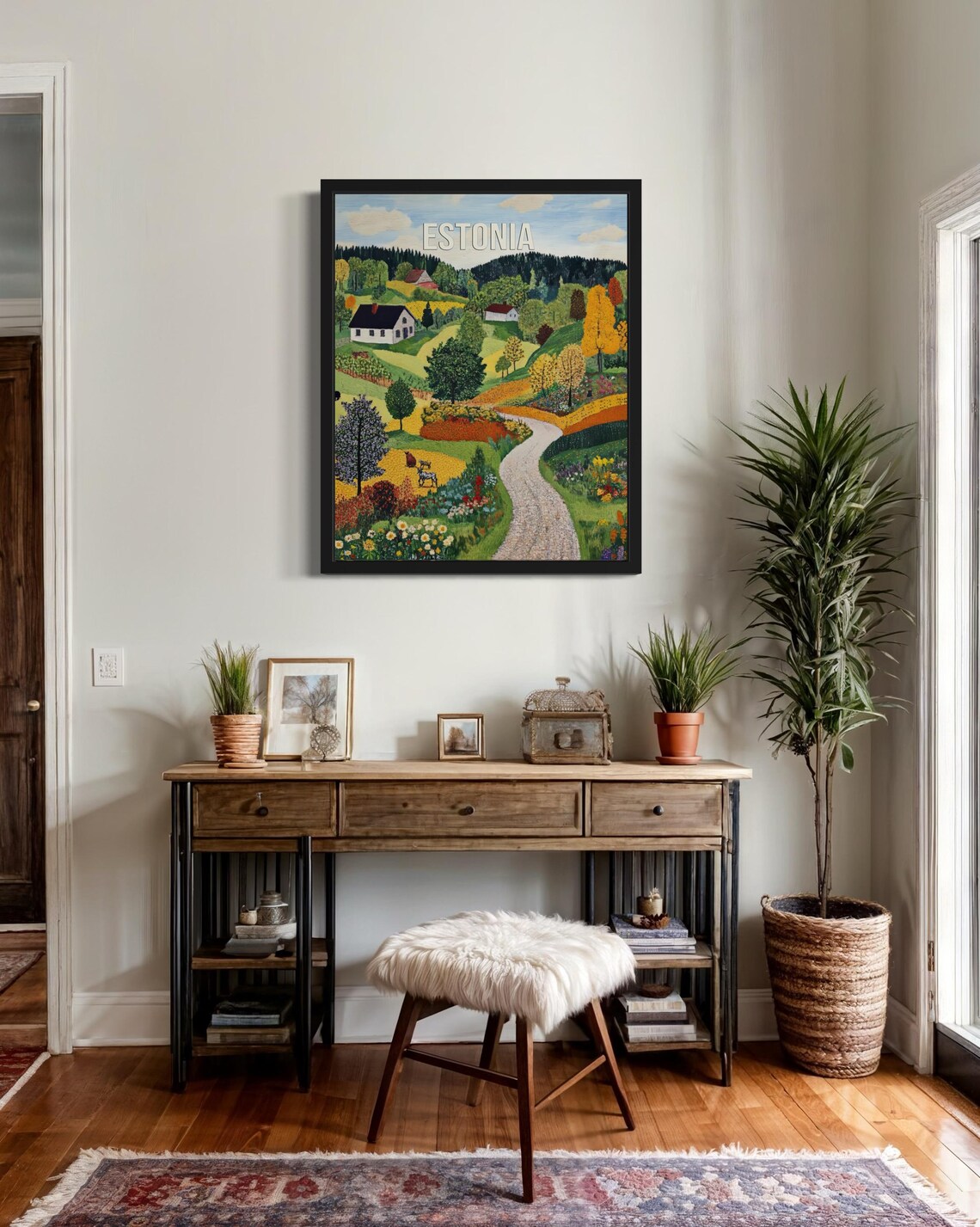 Estonia Winding Country Road Through Flower Meadows Folk Art Poster - Image 2