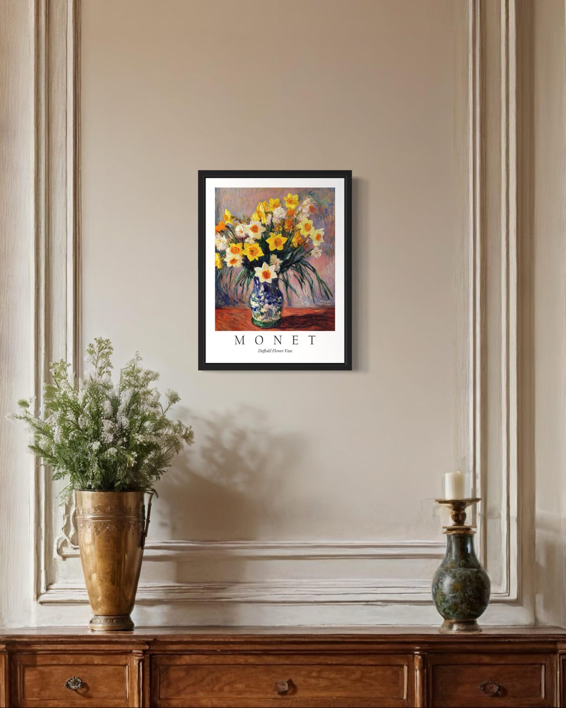 Yellow Daffodil Bouquet in a Blue Vase Monet Style Flower Poster - Image 3