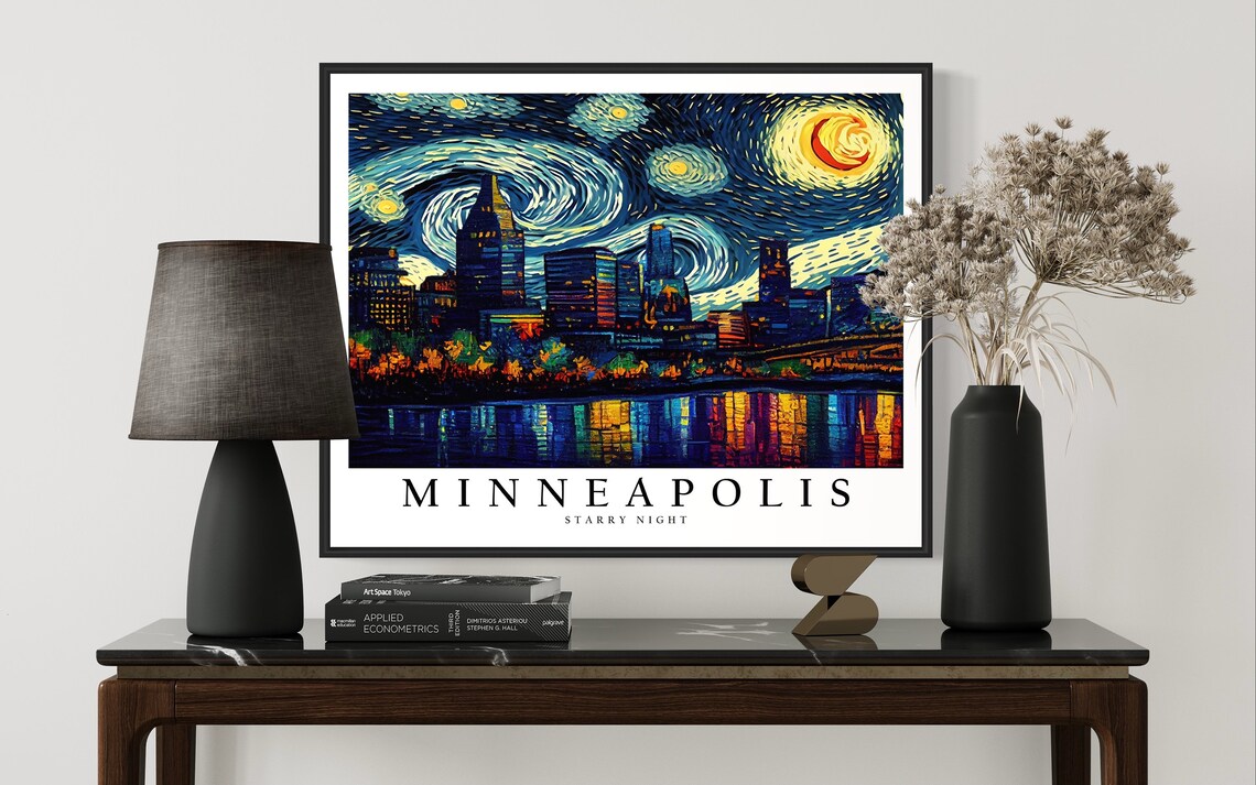Minneapolis Minnesota Starry Night River Skyline Night Lights Art Poster - Image 3