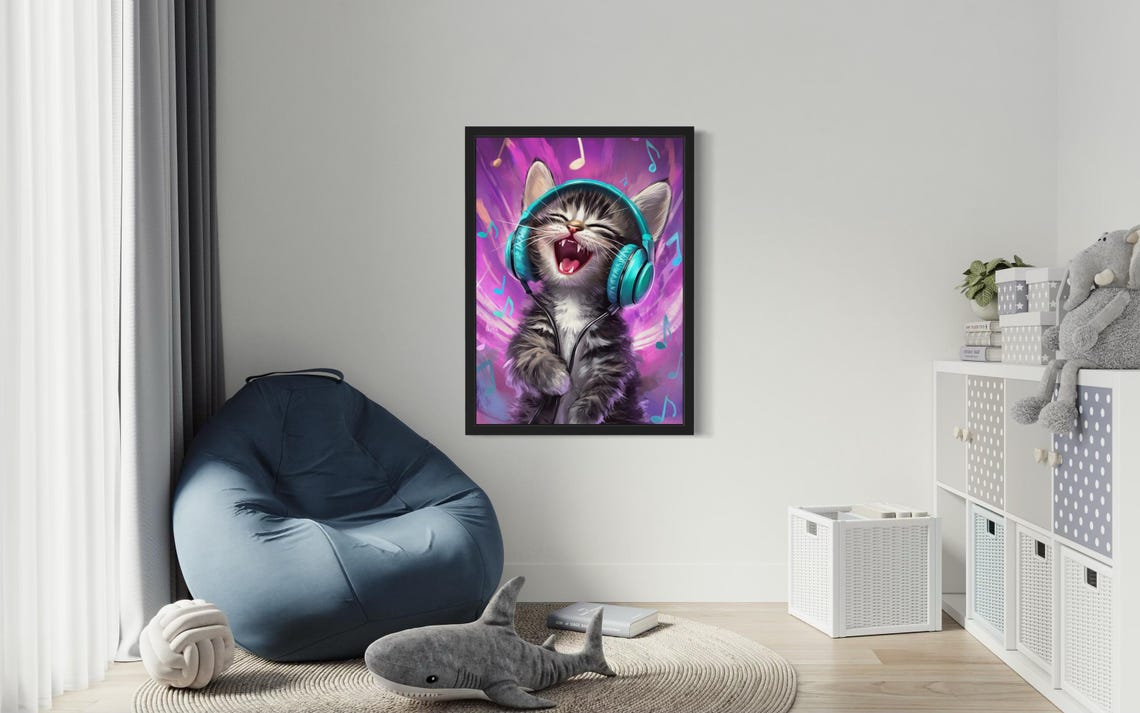 Joyful Kitten Singing with Teal Headphones on Purple Music Poster - Image 3