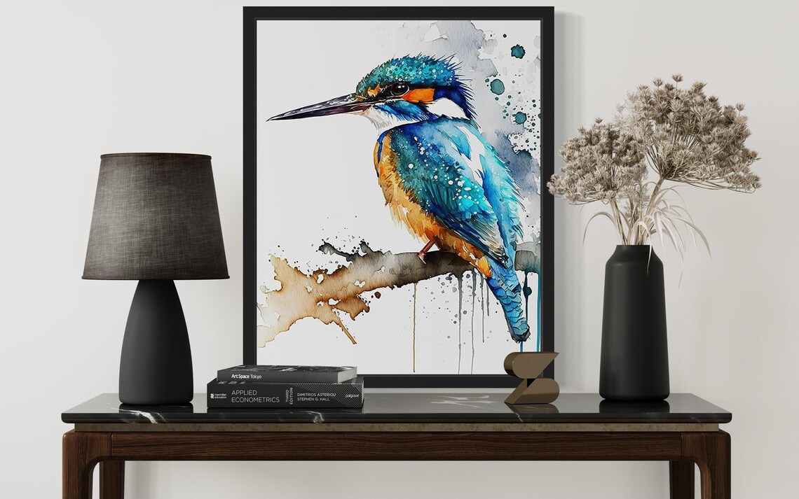 Kingfisher Watercolor Portrait In Blue And Orange Tones Poster - Image 3