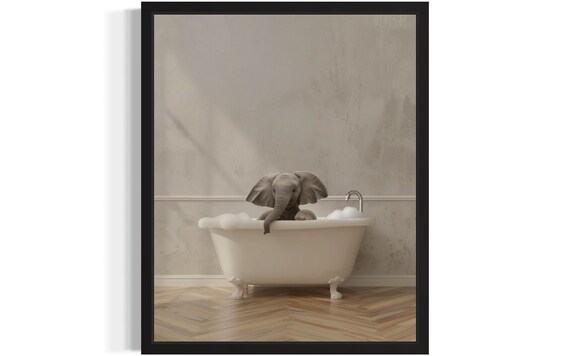 Adorable Baby Elephant Squeezed Into Vintage Clawfoot Bathtub Cute Poster