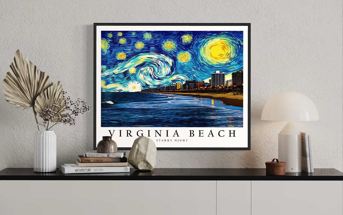 Virginia Beach Ocean Shore Starry Night Skyline Sunset View Art Poster - Image 2
