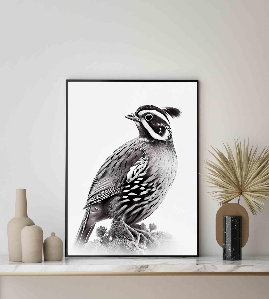 Crested Quail Perched Portrait in Black and White Art Poster - Image 3