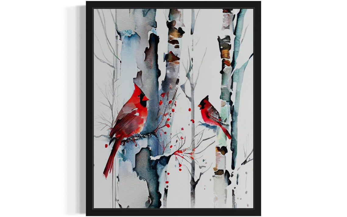 Pair of Red Cardinals on Snowy Birch Trees Winter Watercolor Poster