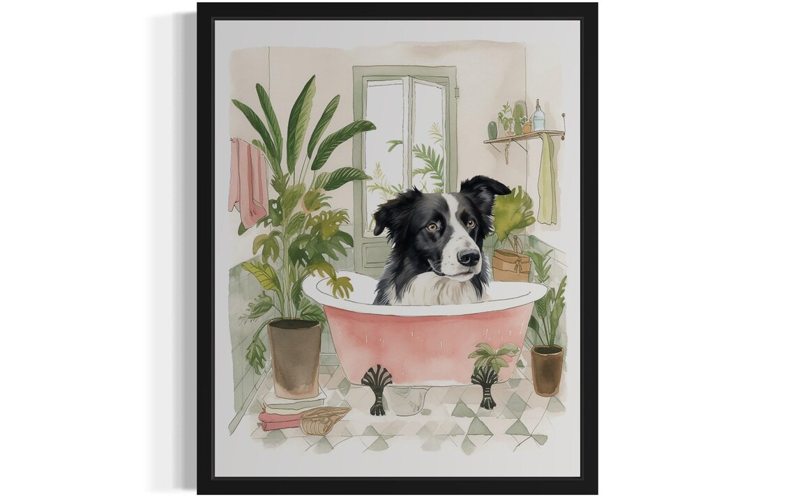 Border Collie Bath Time Pink Tub Botanical Bathroom Art Poster