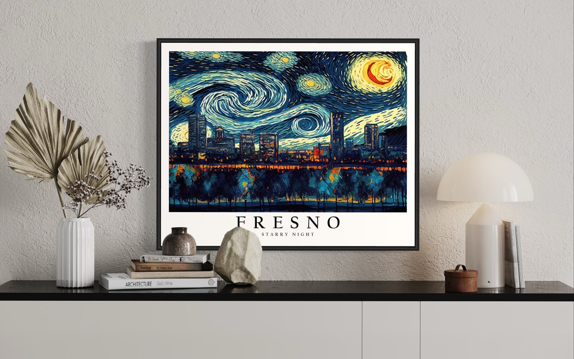 Fresno California Night Skyline Van Gogh Starry Night Poster - Image 2