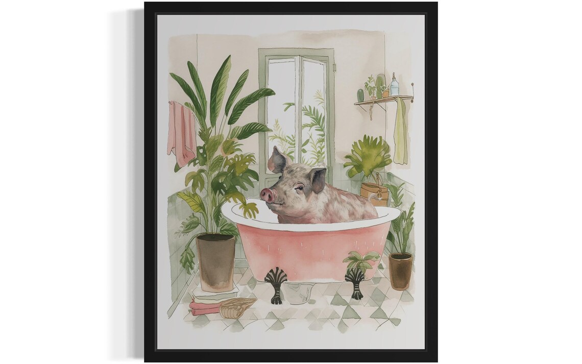 Pig Soaking In Pink Clawfoot Bathtub Watercolor Animal Poster