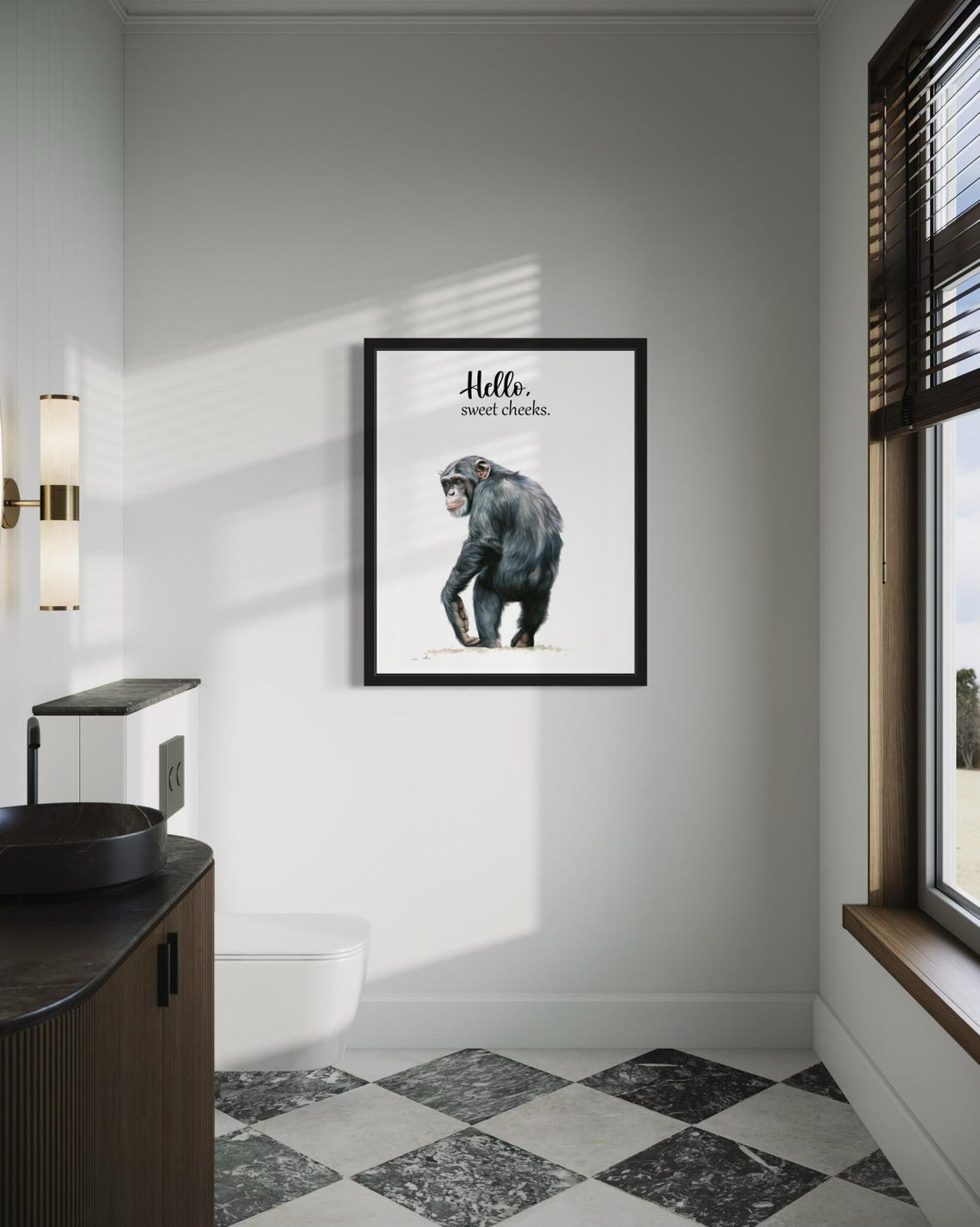 Playful Chimpanzee Walking Hello Sweet Cheeks Funny Bathroom Poster - Image 4