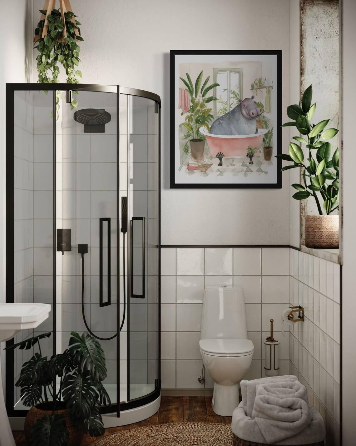 Smiling Hippo Relaxing in a Pink Clawfoot Bathtub Whimsical Art Poster - Image 3