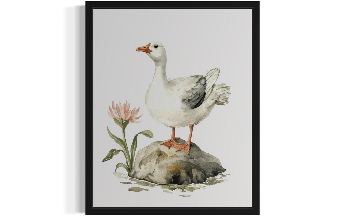 White Goose Standing on Stone with Pink Flower Watercolor Poster