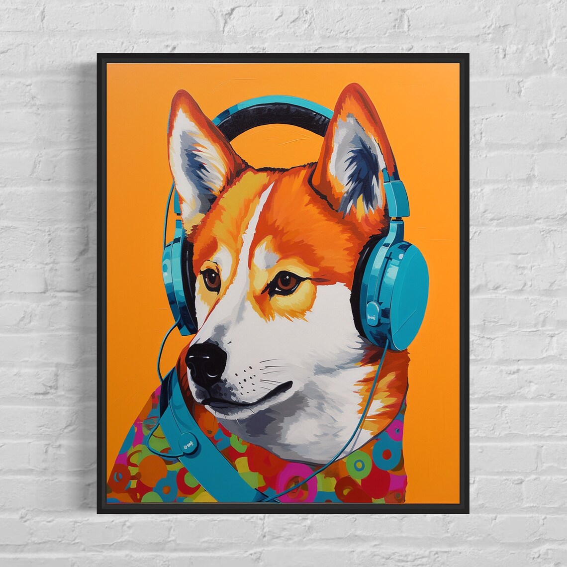 Shiba Inu Dog Wearing Blue Headphones Orange Pop Art Music Poster
