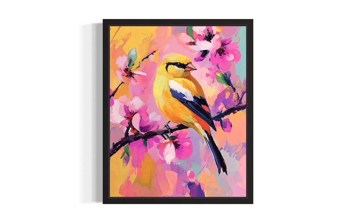 Goldfinch on Pink Blossom Branch Colorful Oil Painting Bird Poster