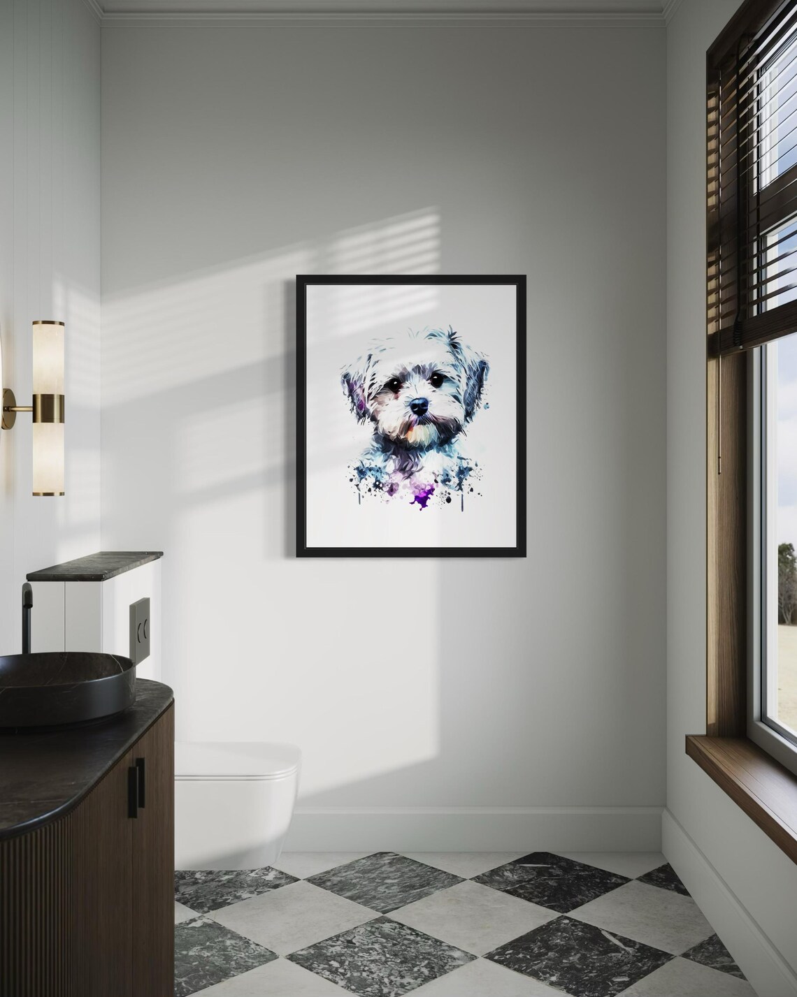 Sweet Maltese Puppy White Blue Watercolor Portrait Art Poster - Image 4