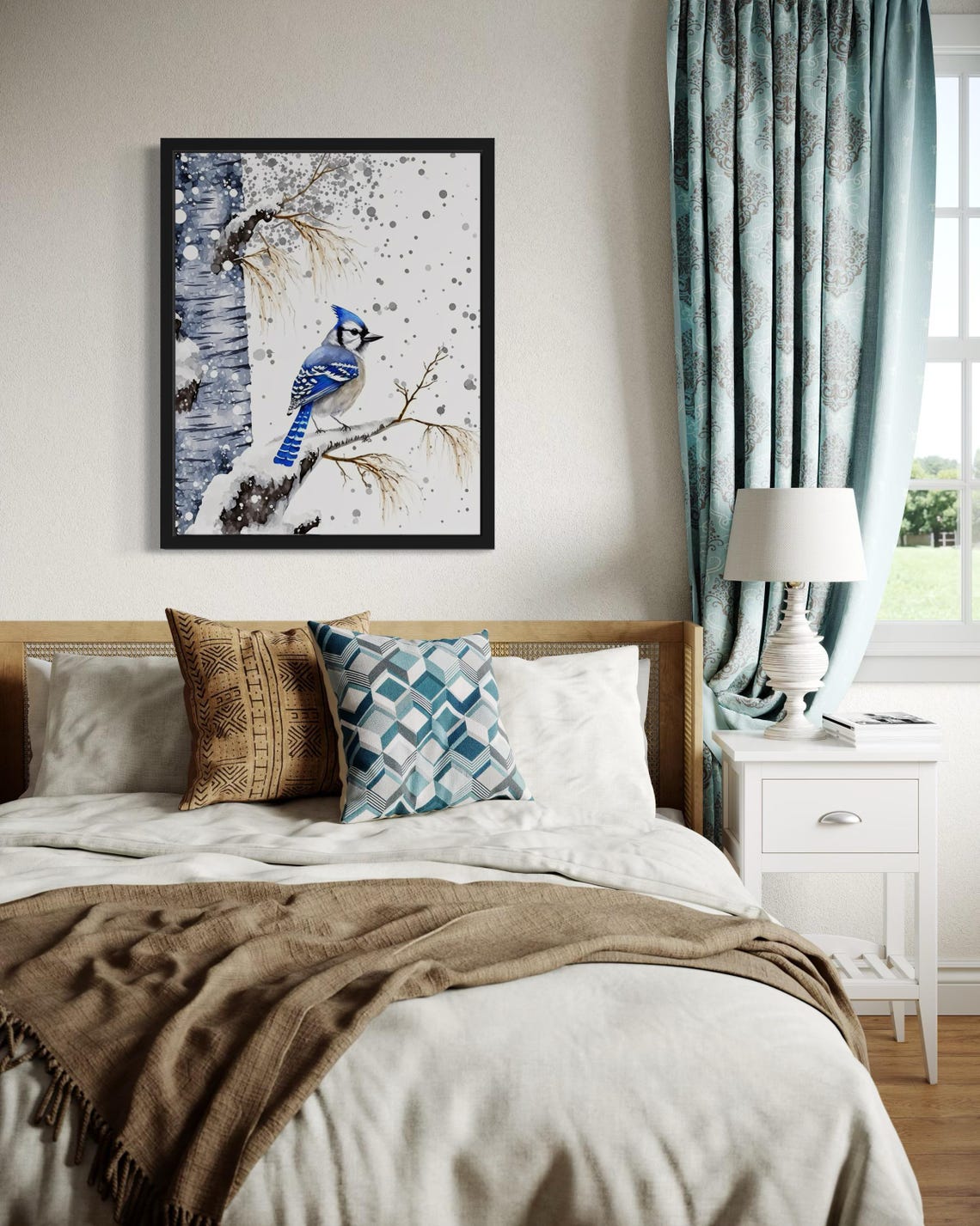 Blue Jay On Snowy Birch Branch In Falling Snow Winter Poster - Image 4