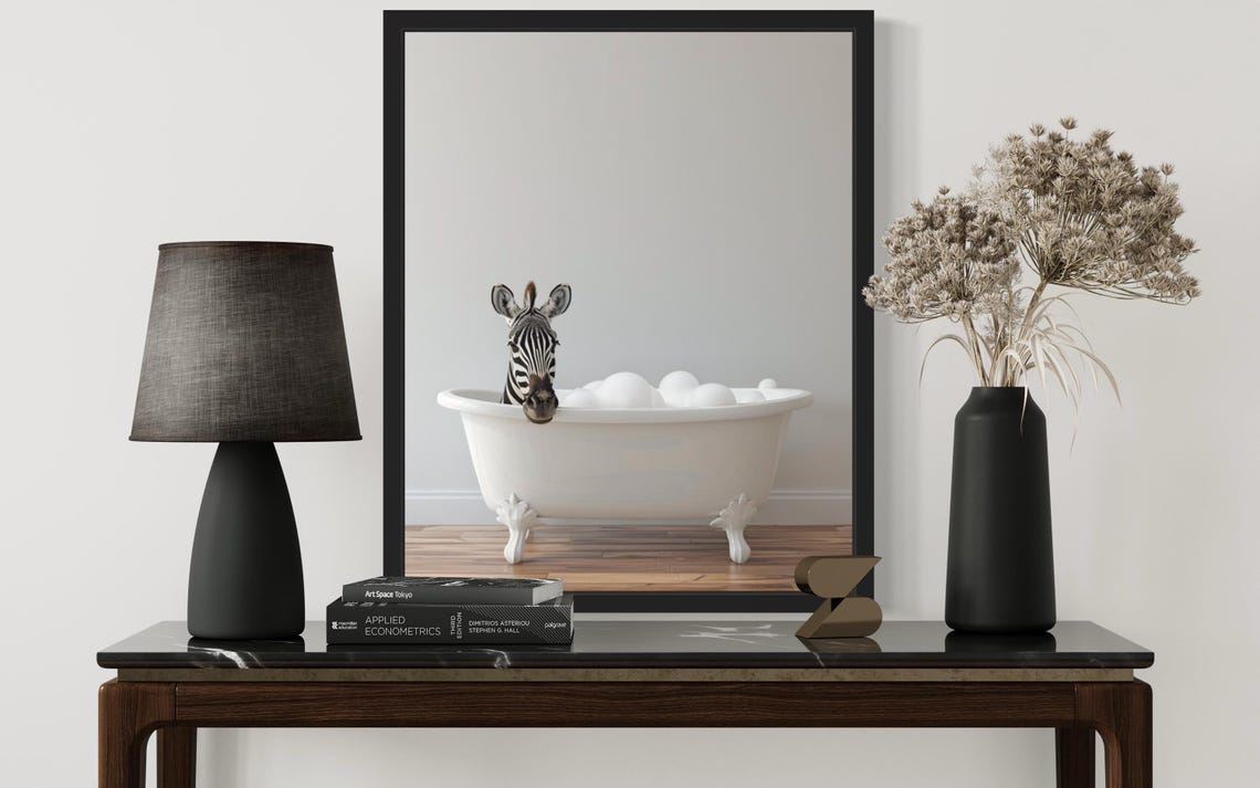 Zebra Peeking Out of a White Bubble Bath Tub Minimalist Photo Poster - Image 2
