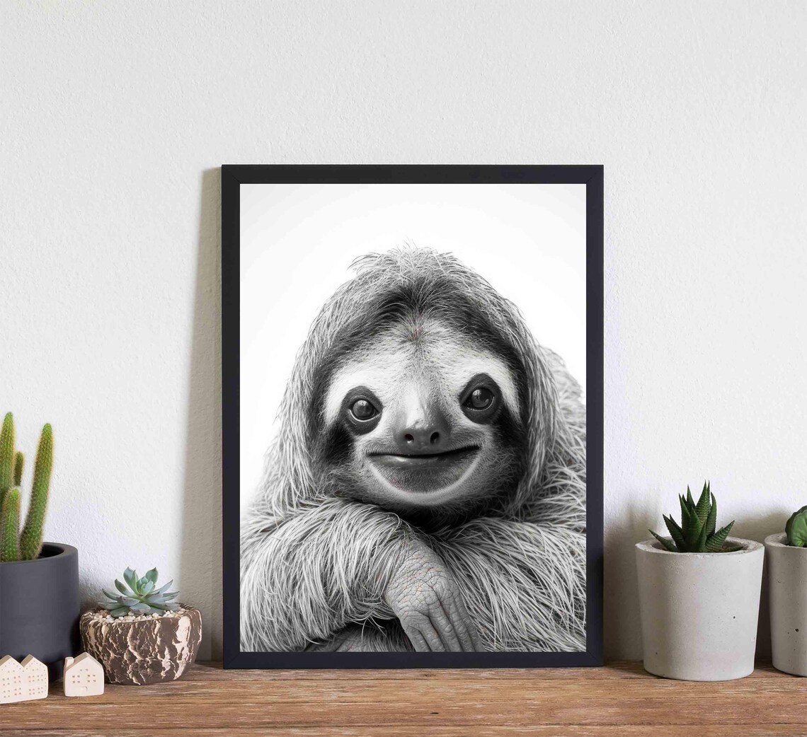 Sloth Black and White Smiling Cute Wild Animal Portrait Poster - Image 4