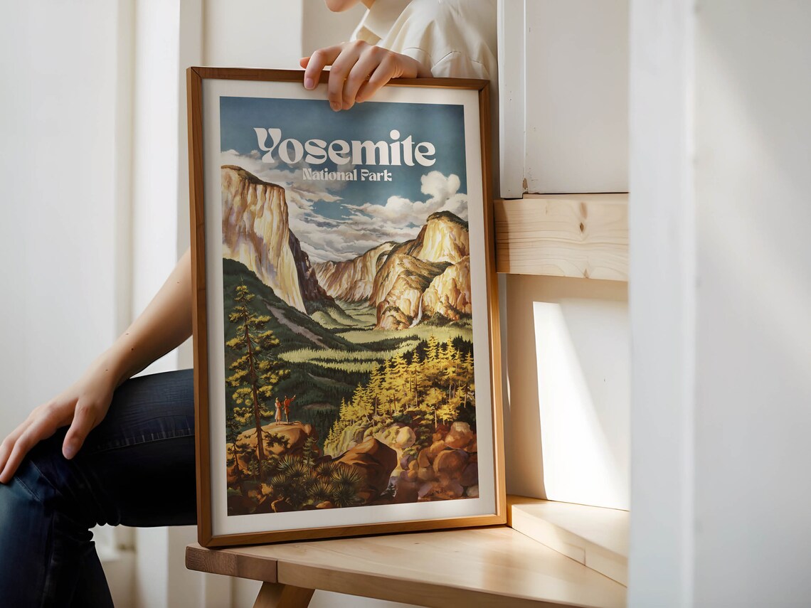 Yosemite Retro Travel Poster, Sierra Nevada Landscape