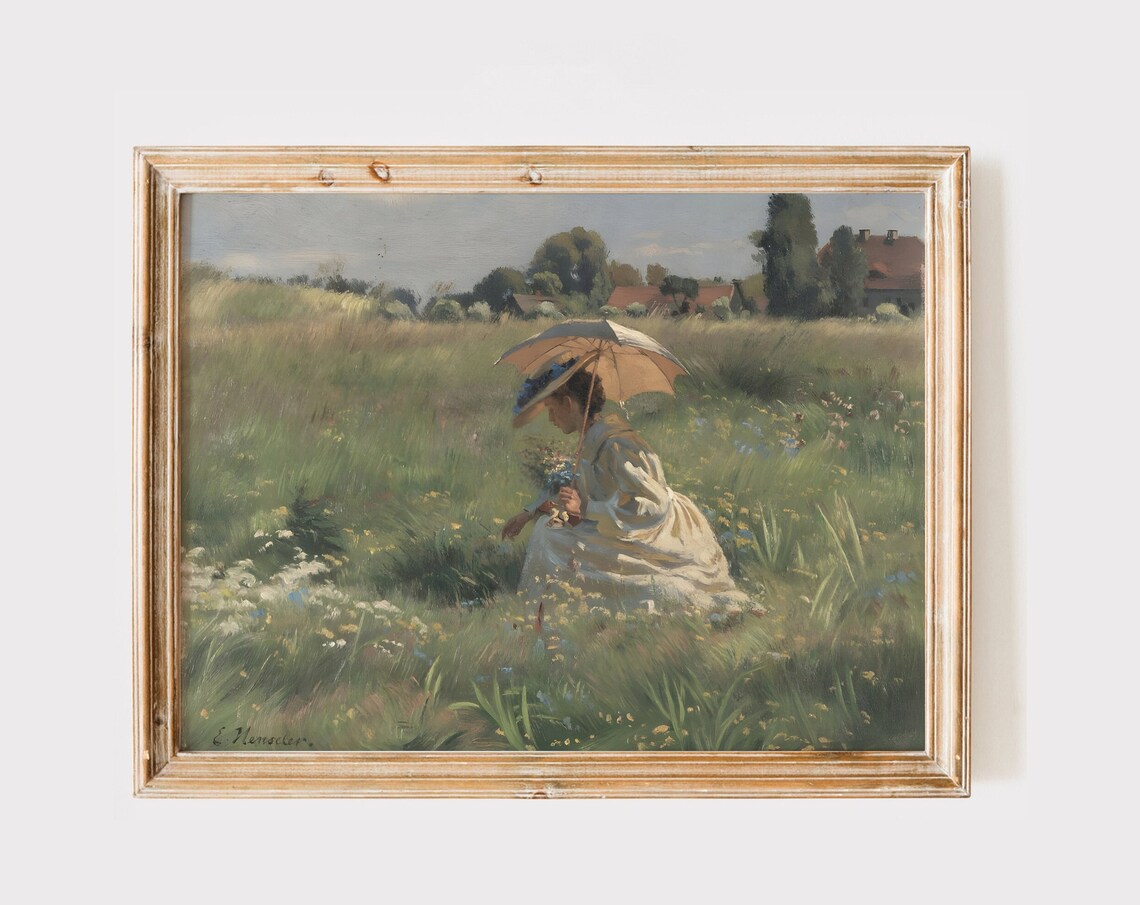 French Countryside Woman with Parasol in Meadow Vintage Poster