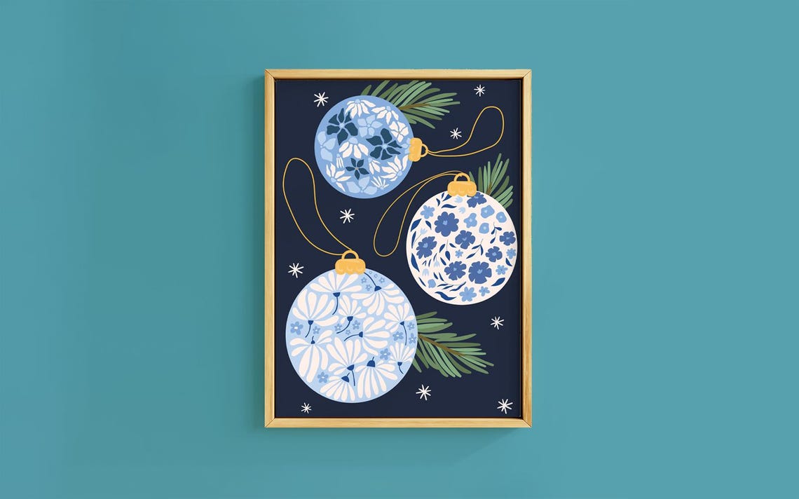 Blue Floral Baubles Navy Night Pine Snowflake Christmas Poster