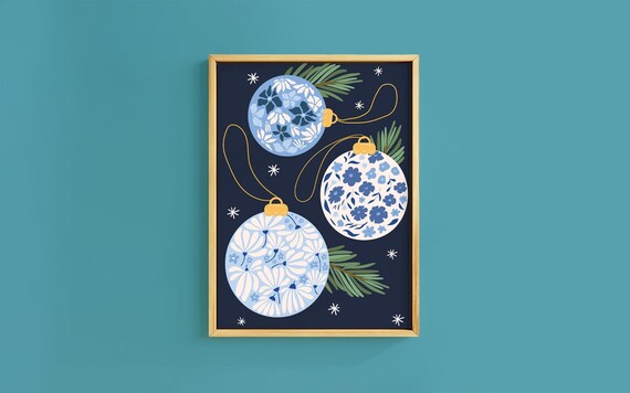 Blue Floral Baubles Navy Night Pine Snowflake Christmas Poster
