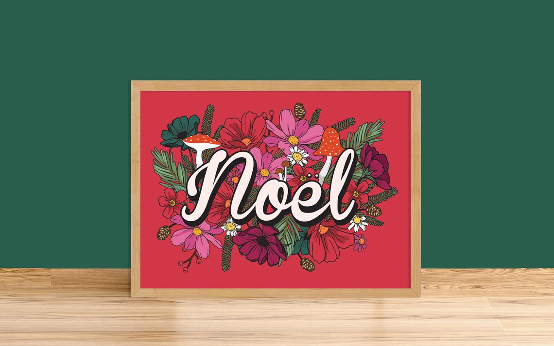 Noel Retro Floral Toadstool Christmas Red Botanical Holiday Poster