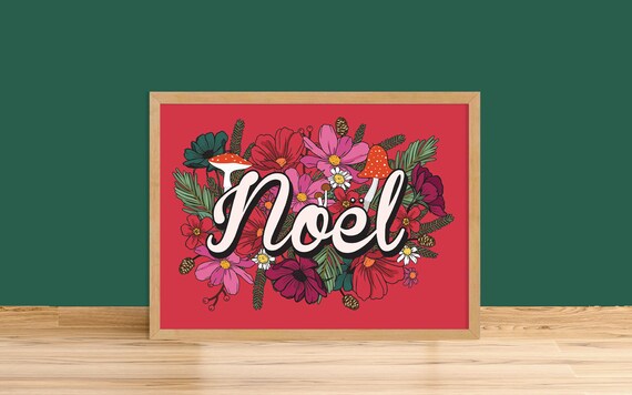 Noel Retro Floral Toadstool Christmas Red Botanical Holiday Poster