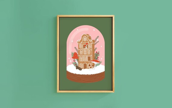 Sweet Gingerbread House Pink Cloche Toadstool Snow Globe Christmas Poster