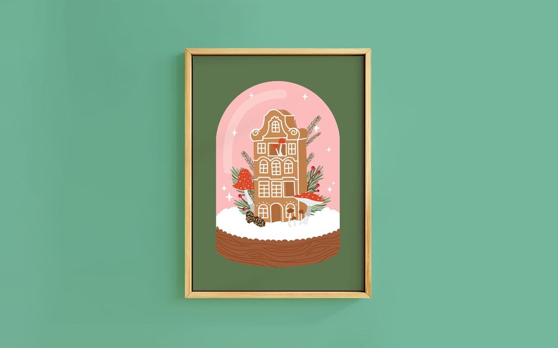 Sweet Gingerbread House Pink Cloche Toadstool Snow Globe Christmas Poster