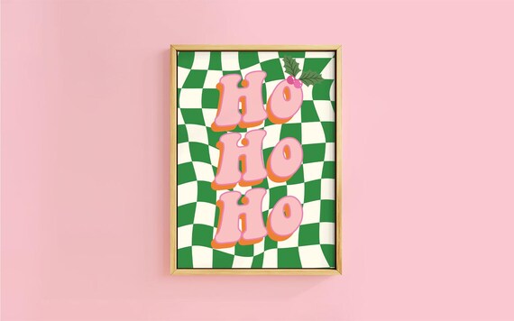 Ho Ho Ho Retro Bubble Letters on Checkerboard Christmas Print