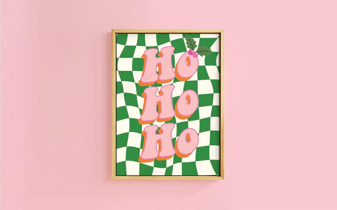 Ho Ho Ho Retro Bubble Letters on Checkerboard Christmas Print