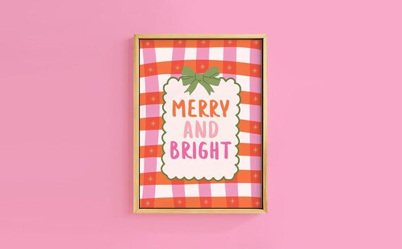 Playful Merry And Bright Gingham Green Bow Festive Quote Poster