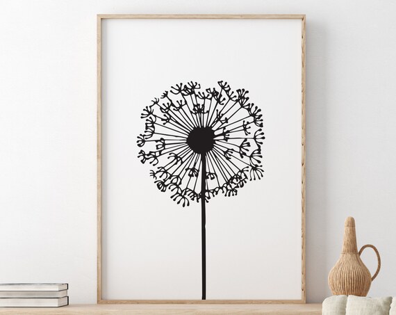 Black and White Dandelion Seed Head Botanical Silhouette Art Poster