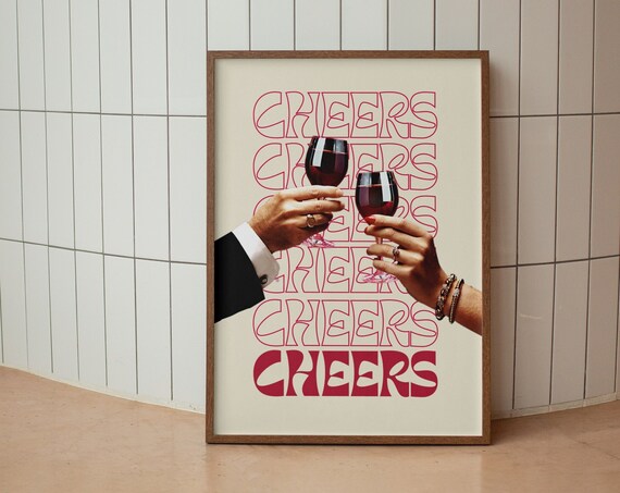Retro Cheers Repeated Typography Wine Toast Bar Cart Art Poster
