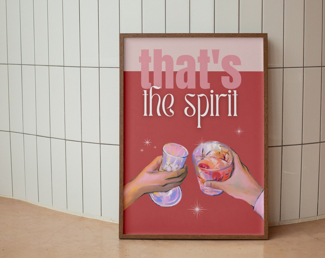 Thats The Spirit Cheers Clinking Cocktail Glasses Red Bar Poster