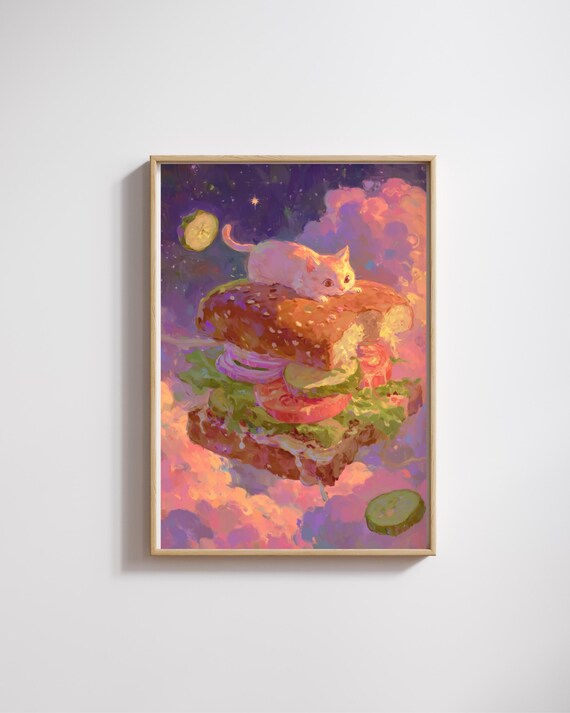 Cat Kitchen Poster Burger Posterfunny Print Surreal Food Decor Cute Pet Lover Gift