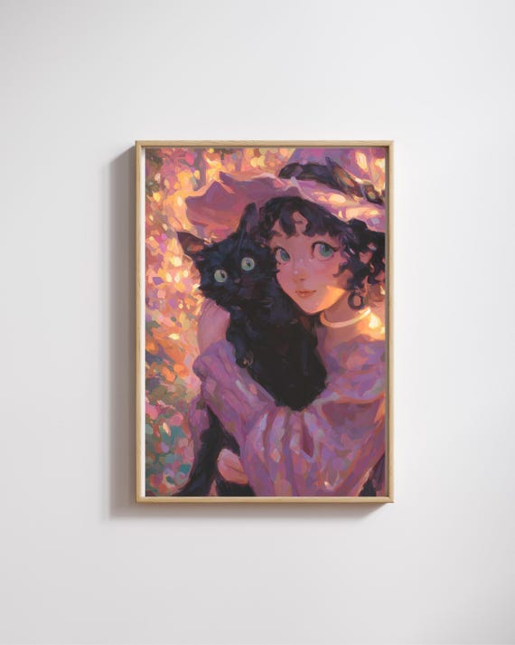 Witch Girl With Black Cat Wall Artcozy Witchy Poster Magical Gift For Lovers And Witchesgift Idea Halloween