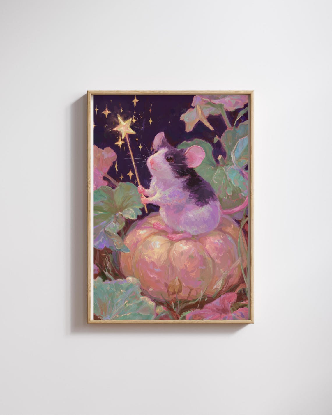 Mouse with Magic Wand on Pumpkin Starry Night Autumn Wall Print