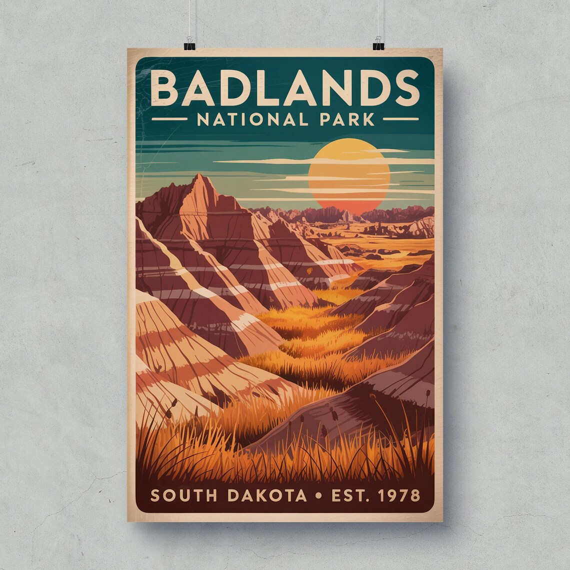 Badlands National Park South Dakota Retro Sunset Formations Travel Poster