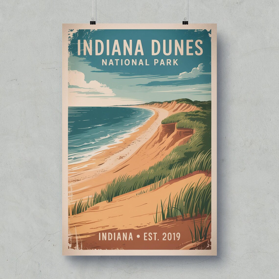 Indiana Dunes National Park Vintage Travel Poster Lake Beach Art