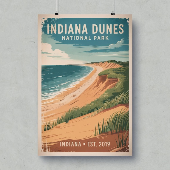 Indiana Dunes National Park Vintage Travel Poster Lake Beach Art