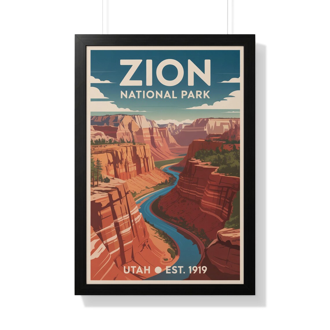 Zion National Park Utah Red Canyon Winding River Vintage Travel Poster