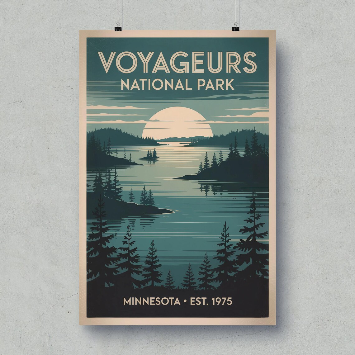 Voyageurs National Park Minnesota Lake Sunset Vintage Travel Poster