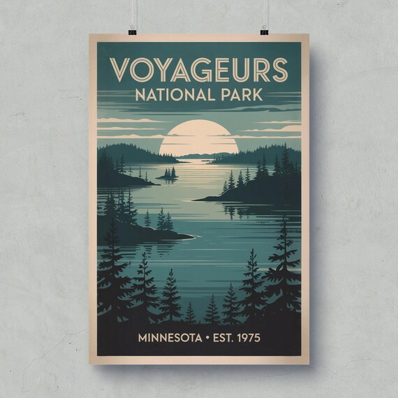 Voyageurs National Park Minnesota Lake Sunset Vintage Travel Poster
