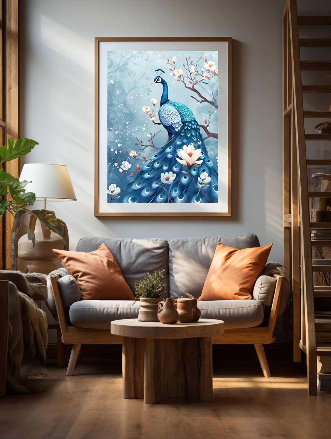 Blue Peacock Perched Among White Blossoms on a Winter Branch Poster - Image 2